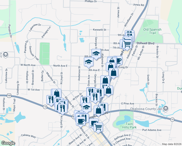 map of restaurants, bars, coffee shops, grocery stores, and more near 302 Dixie Street in Crestview