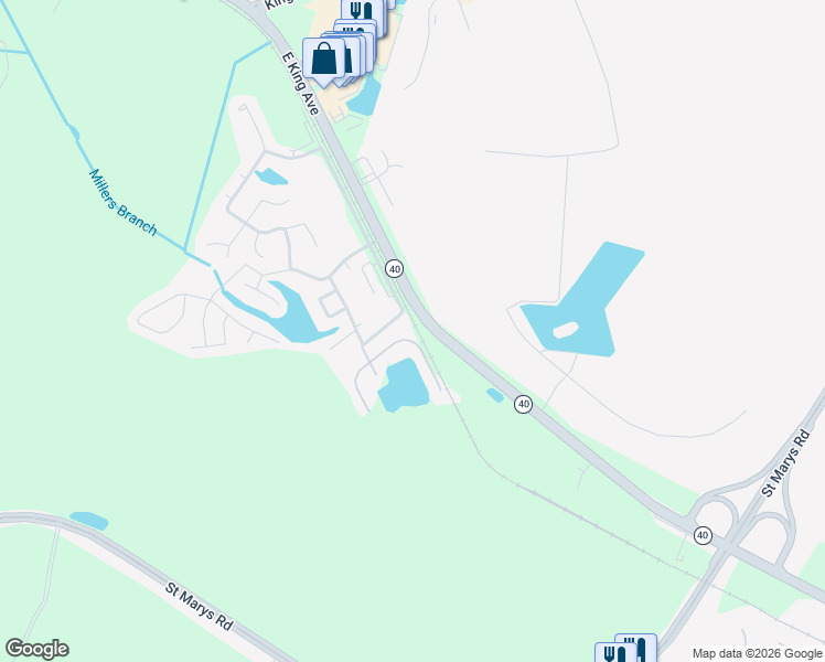 map of restaurants, bars, coffee shops, grocery stores, and more near 121 East Lakemont Drive in Kingsland