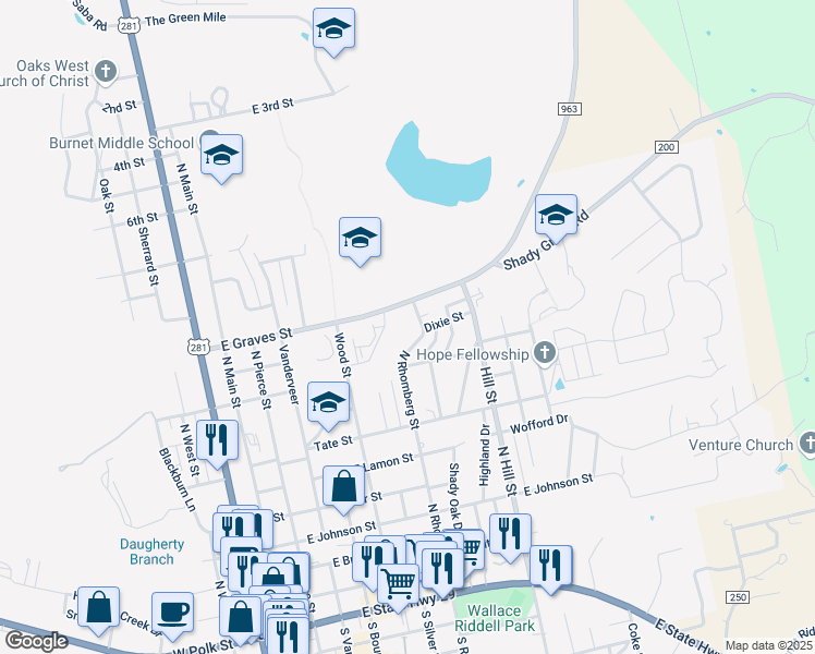 map of restaurants, bars, coffee shops, grocery stores, and more near 801 North Rhomberg Street in Burnet