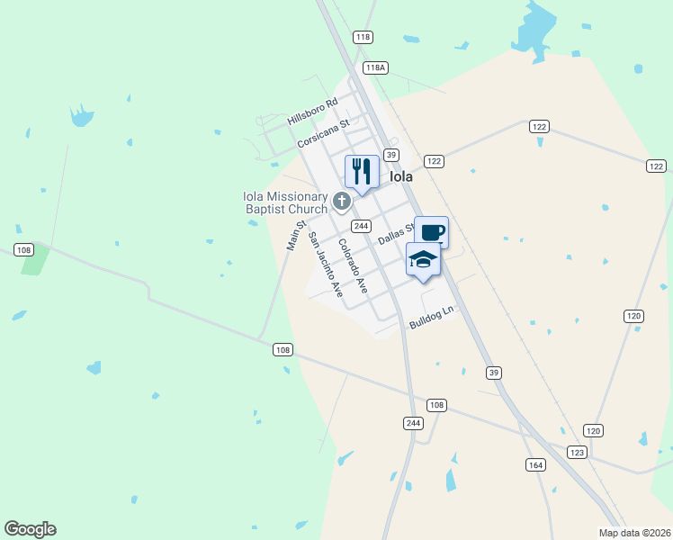 map of restaurants, bars, coffee shops, grocery stores, and more near 7447 Houston Street in Iola