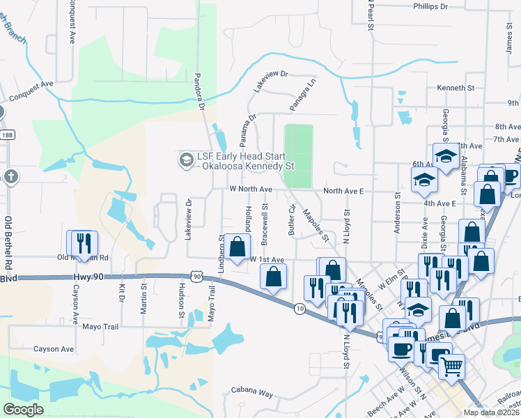 map of restaurants, bars, coffee shops, grocery stores, and more near 258 Bracewell Street in Crestview