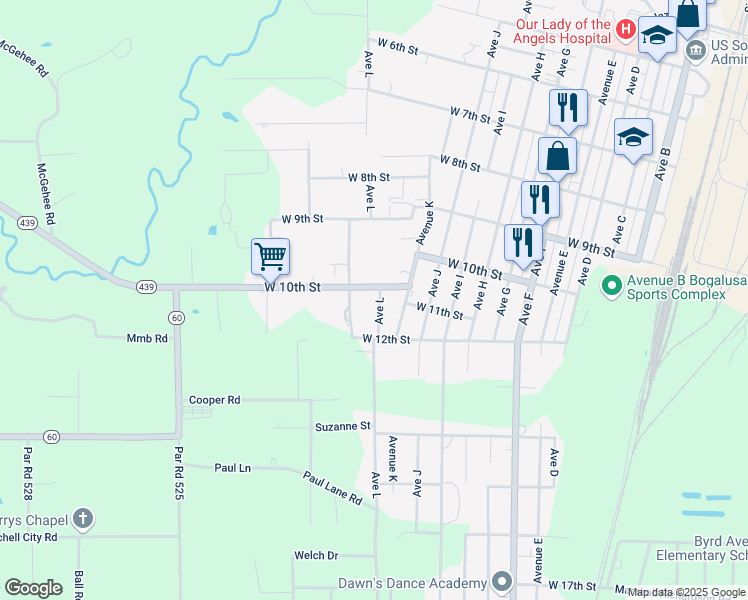 map of restaurants, bars, coffee shops, grocery stores, and more near 1027 Par Road 956 in Bogalusa