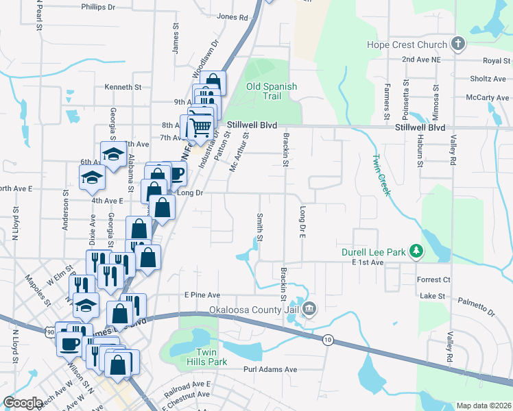 map of restaurants, bars, coffee shops, grocery stores, and more near 156 Smith Street in Crestview
