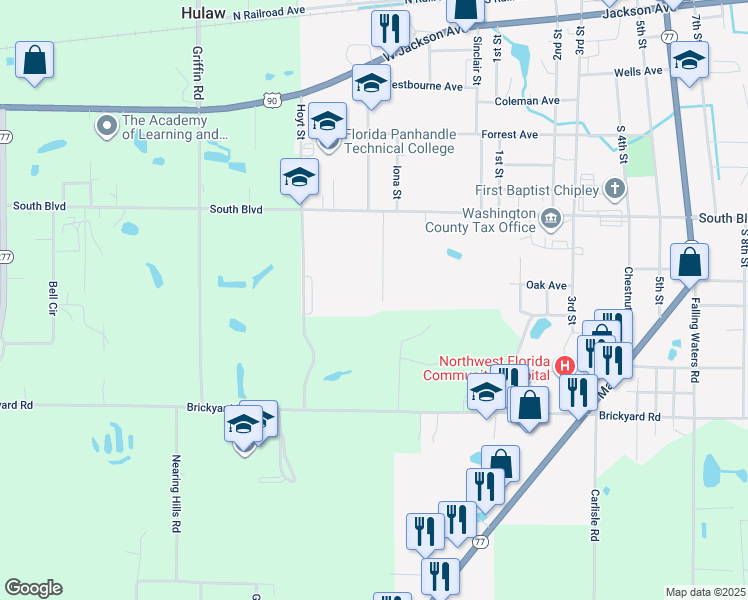 map of restaurants, bars, coffee shops, grocery stores, and more near 844 Maple Street in Chipley