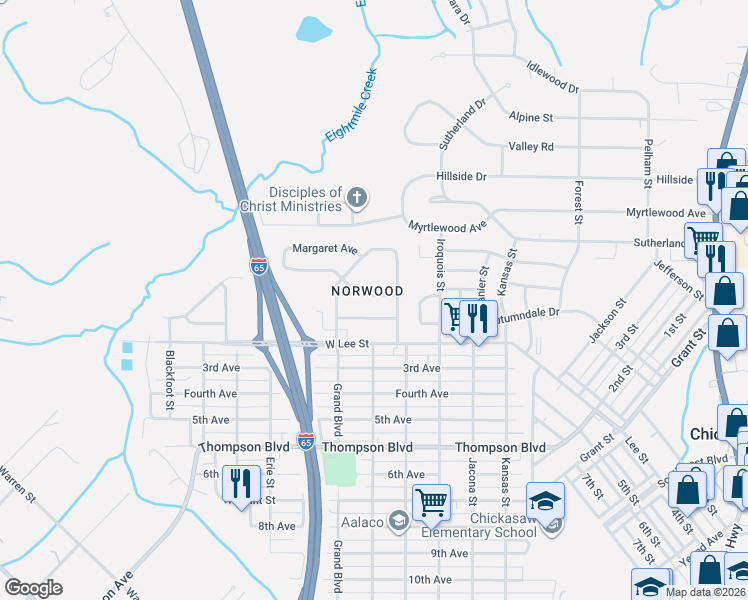 map of restaurants, bars, coffee shops, grocery stores, and more near 9 Elizabeth Avenue in Chickasaw