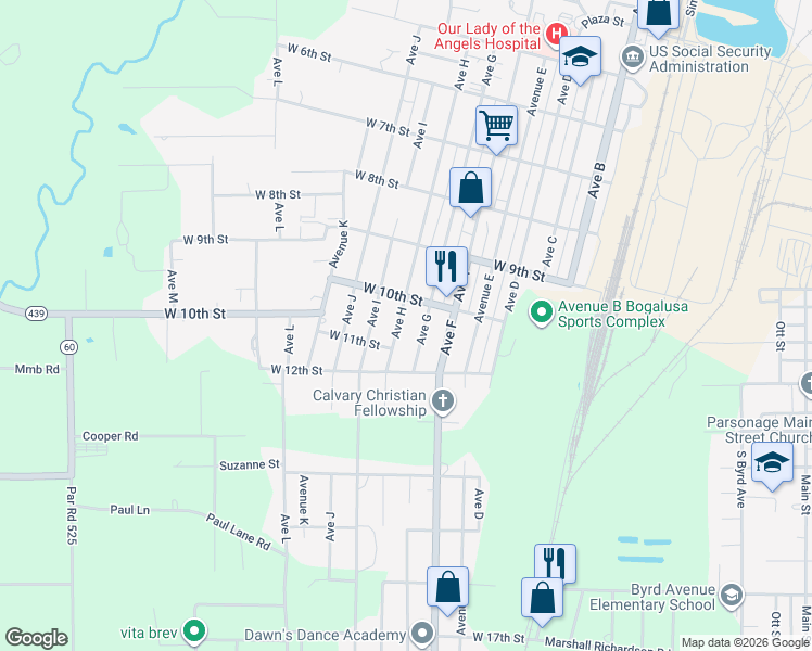 map of restaurants, bars, coffee shops, grocery stores, and more near 804 West 10th Street in Bogalusa