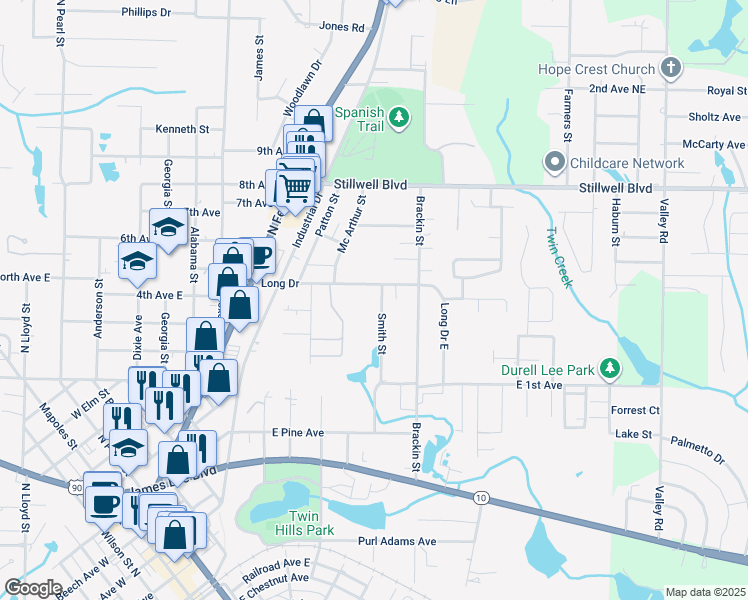 map of restaurants, bars, coffee shops, grocery stores, and more near 576 Long Drive in Crestview