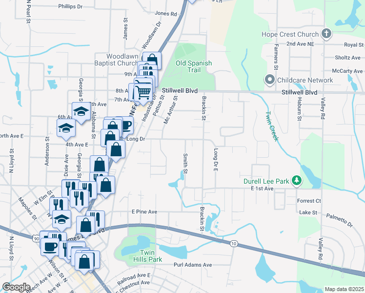 map of restaurants, bars, coffee shops, grocery stores, and more near 576 Long Drive in Crestview