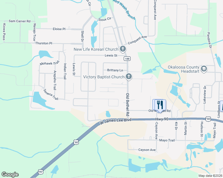 map of restaurants, bars, coffee shops, grocery stores, and more near 194 Mary Lane in Crestview