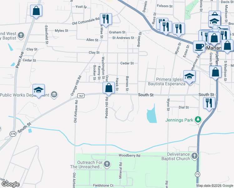 map of restaurants, bars, coffee shops, grocery stores, and more near 700 Hawk Street in Marianna