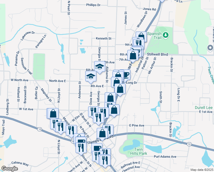 map of restaurants, bars, coffee shops, grocery stores, and more near 501 4th Avenue East in Crestview