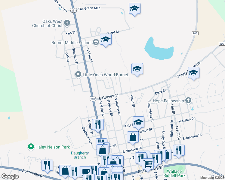 map of restaurants, bars, coffee shops, grocery stores, and more near 208 Corder Lane in Burnet