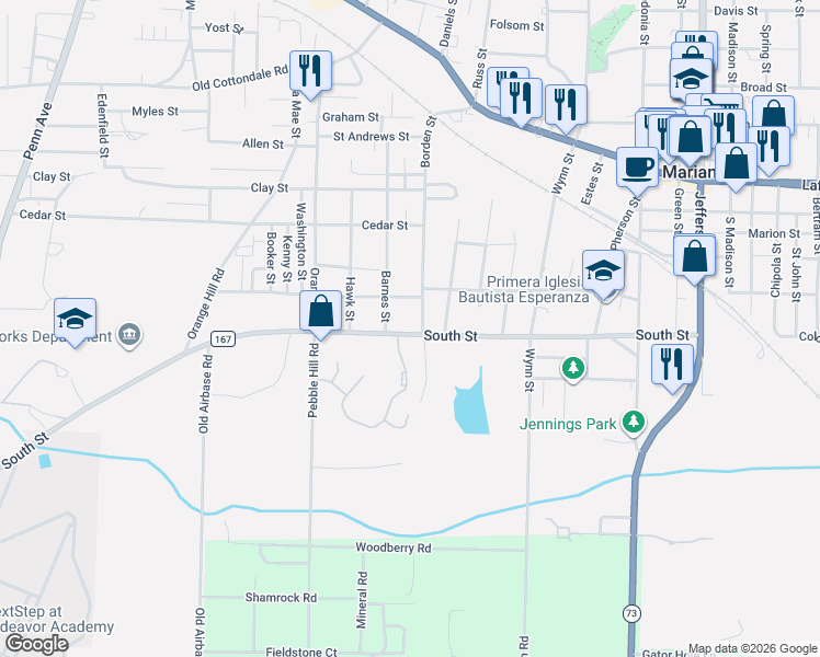 map of restaurants, bars, coffee shops, grocery stores, and more near 2816 Borden Street in Marianna