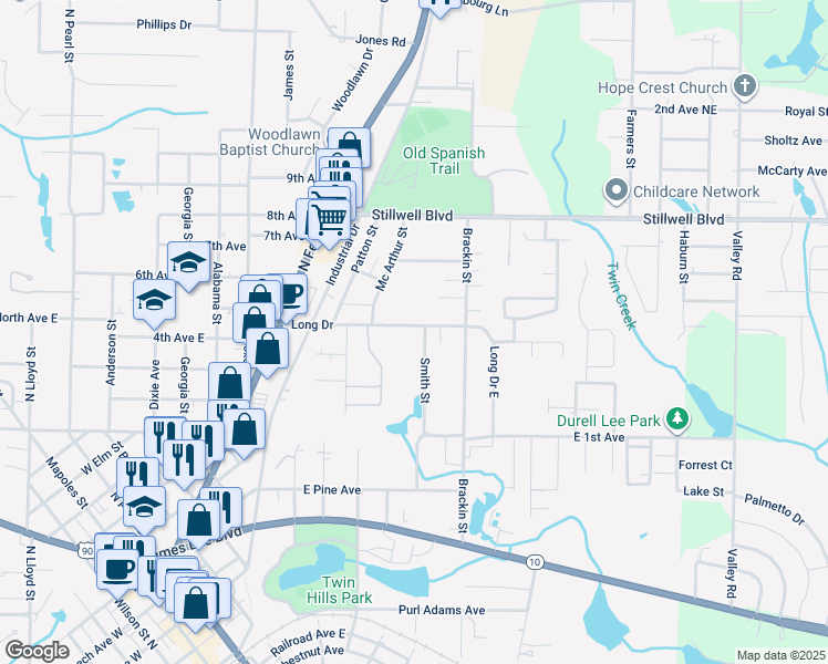 map of restaurants, bars, coffee shops, grocery stores, and more near 576 Long Drive in Crestview