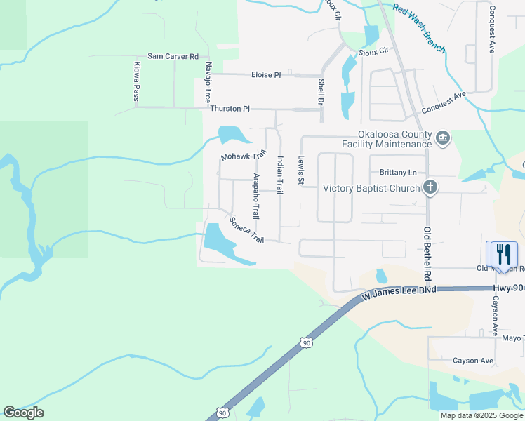 map of restaurants, bars, coffee shops, grocery stores, and more near 126 Arapaho Trail in Crestview
