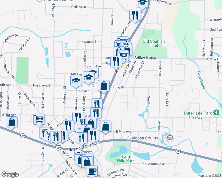 map of restaurants, bars, coffee shops, grocery stores, and more near 101-163 Long Drive in Crestview