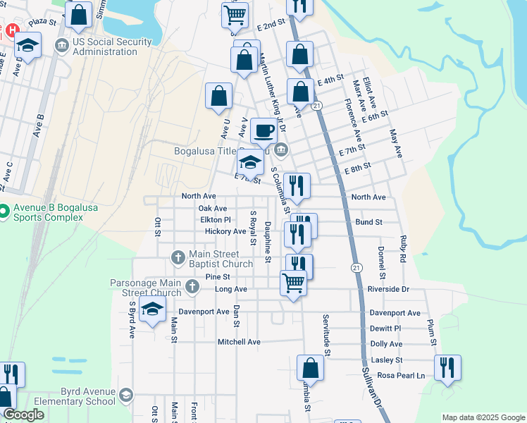 map of restaurants, bars, coffee shops, grocery stores, and more near 809 South Royal Street in Bogalusa