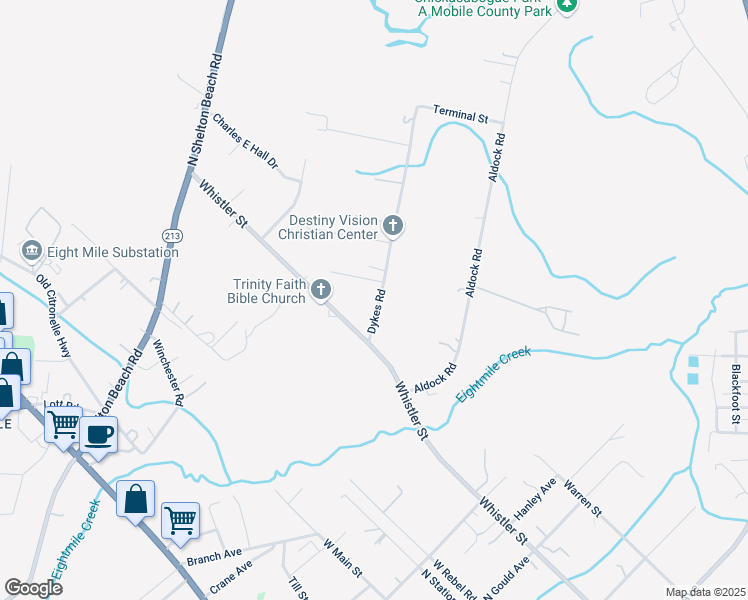 map of restaurants, bars, coffee shops, grocery stores, and more near 347 Dykes Road in Prichard