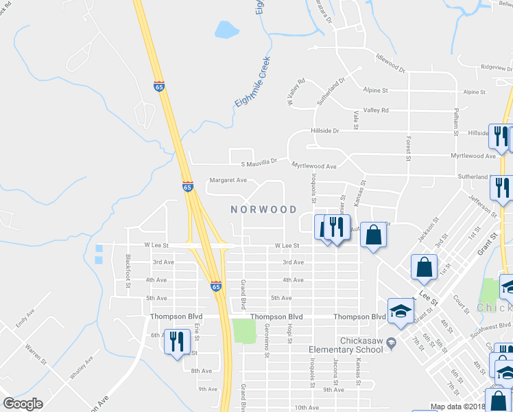 map of restaurants, bars, coffee shops, grocery stores, and more near 18 Elizabeth Avenue in Chickasaw