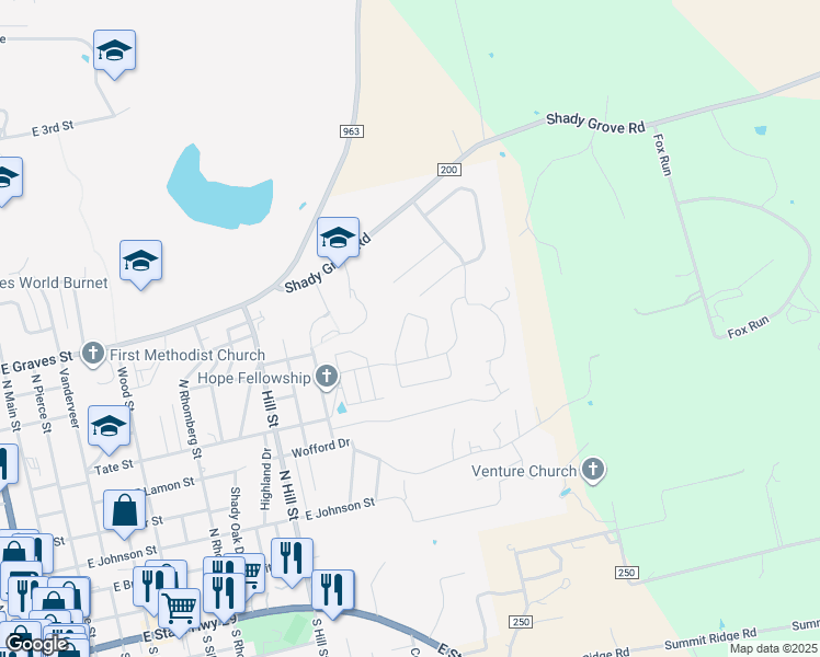 map of restaurants, bars, coffee shops, grocery stores, and more near 111 Natalie's Point in Burnet