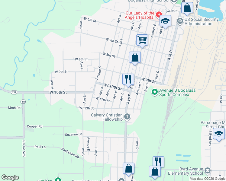 map of restaurants, bars, coffee shops, grocery stores, and more near 804 West 10th Street in Bogalusa