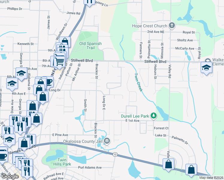 map of restaurants, bars, coffee shops, grocery stores, and more near 456 Eisenhower Drive in Crestview