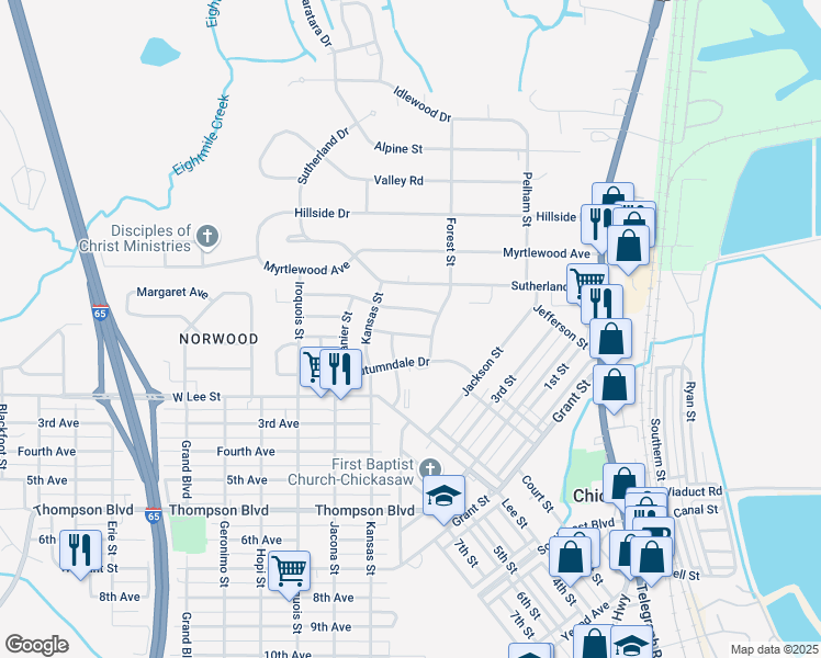 map of restaurants, bars, coffee shops, grocery stores, and more near 34 University Drive in Chickasaw