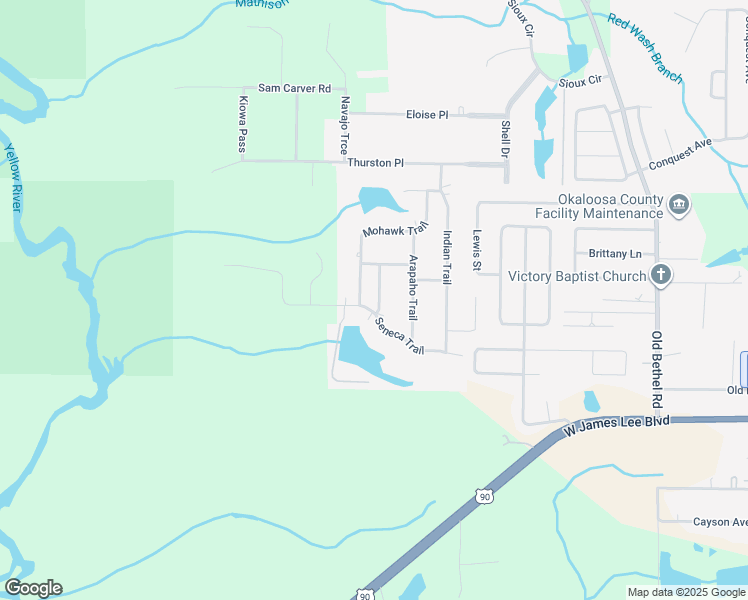 map of restaurants, bars, coffee shops, grocery stores, and more near 207 Seneca Trail in Crestview