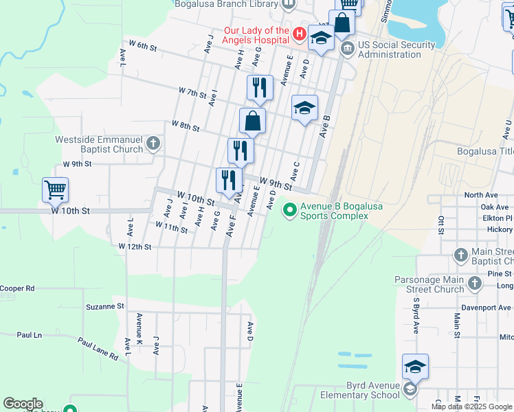 map of restaurants, bars, coffee shops, grocery stores, and more near 938 Avenue East in Bogalusa