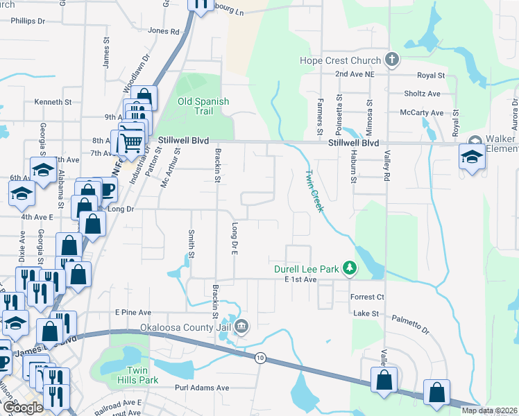 map of restaurants, bars, coffee shops, grocery stores, and more near 456 Eisenhower Drive in Crestview