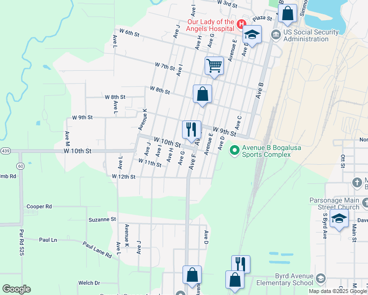 map of restaurants, bars, coffee shops, grocery stores, and more near 1002 Ave G in Bogalusa
