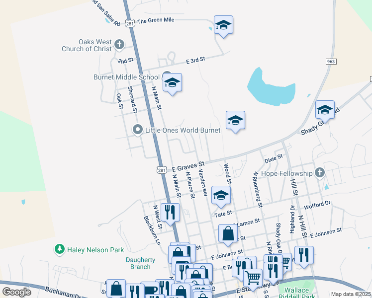 map of restaurants, bars, coffee shops, grocery stores, and more near 208 Corder Ln in Burnet