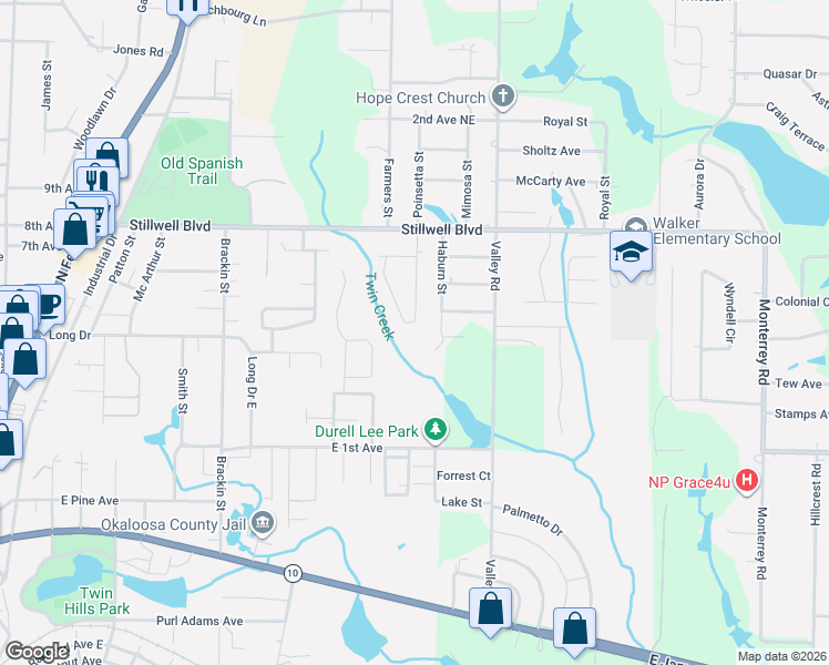 map of restaurants, bars, coffee shops, grocery stores, and more near 5232 Haburn Street in Crestview