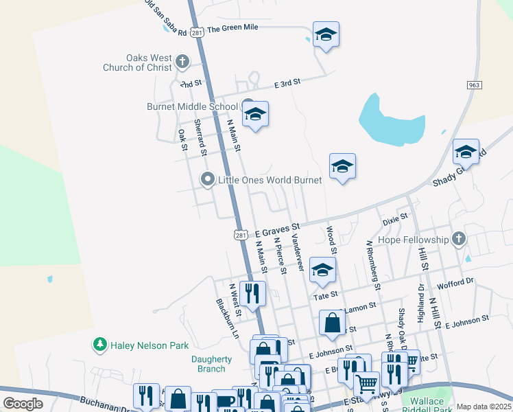 map of restaurants, bars, coffee shops, grocery stores, and more near 1013 North Main Street in Burnet