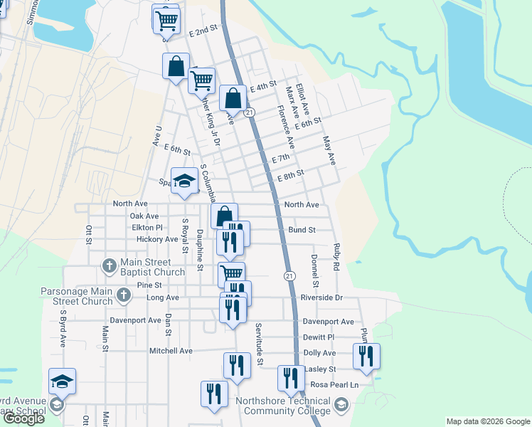 map of restaurants, bars, coffee shops, grocery stores, and more near 912 Poplas Street in Bogalusa