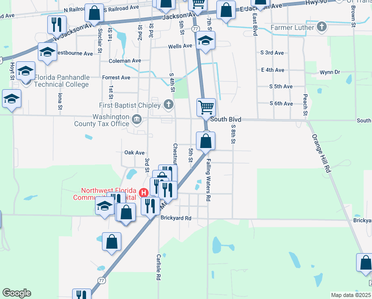 map of restaurants, bars, coffee shops, grocery stores, and more near 1267 Harrell Ave in Chipley