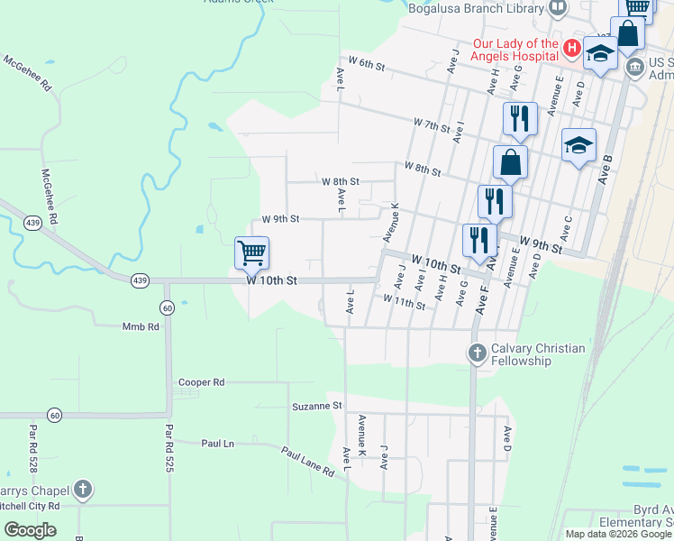 map of restaurants, bars, coffee shops, grocery stores, and more near 1203 West 10th Street in Bogalusa