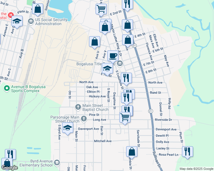 map of restaurants, bars, coffee shops, grocery stores, and more near 809 South Royal Street in Bogalusa
