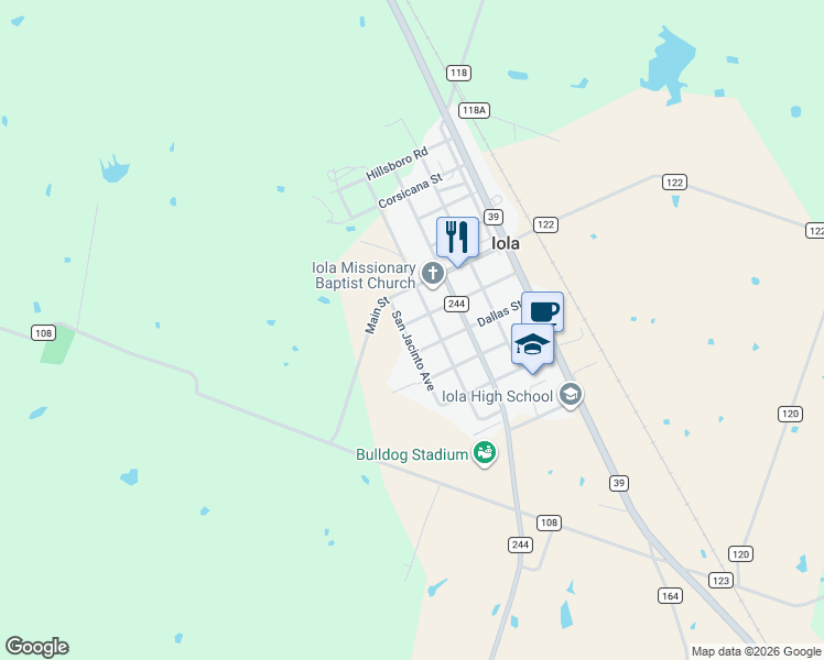 map of restaurants, bars, coffee shops, grocery stores, and more near 23358 San Jacinto Avenue in Iola