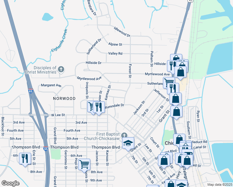 map of restaurants, bars, coffee shops, grocery stores, and more near 34 University Drive in Chickasaw