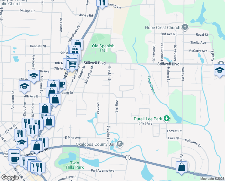 map of restaurants, bars, coffee shops, grocery stores, and more near 104 Jamie Court in Crestview