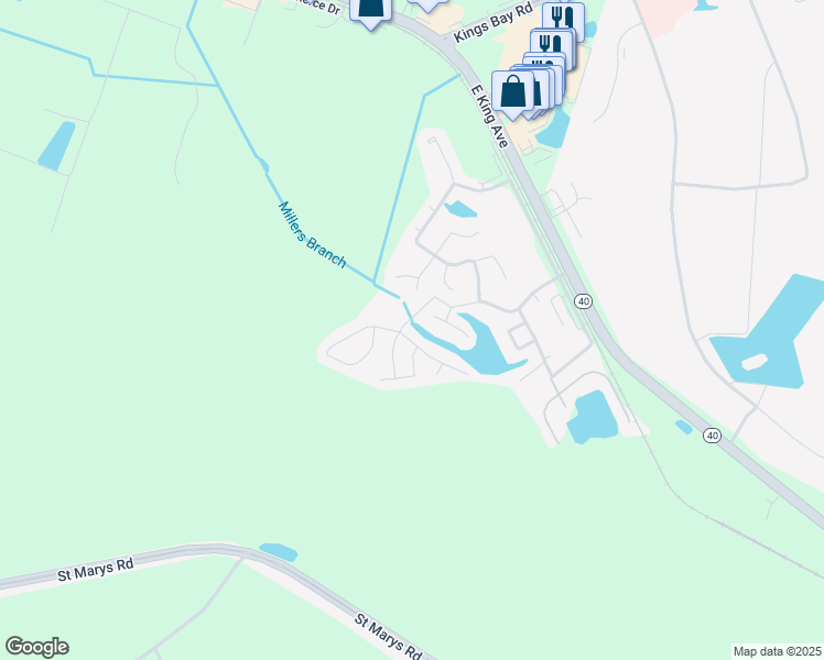 map of restaurants, bars, coffee shops, grocery stores, and more near 164 Georgia 40 in Kingsland