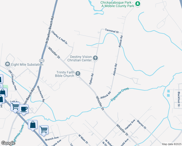 map of restaurants, bars, coffee shops, grocery stores, and more near 347 Dykes Road in Prichard