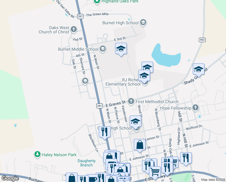 map of restaurants, bars, coffee shops, grocery stores, and more near 206 Corder Lane in Burnet