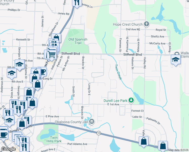 map of restaurants, bars, coffee shops, grocery stores, and more near 456 Eisenhower Drive in Crestview