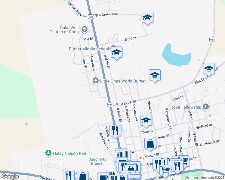 map of restaurants, bars, coffee shops, grocery stores, and more near 1013 North Main Street in Burnet