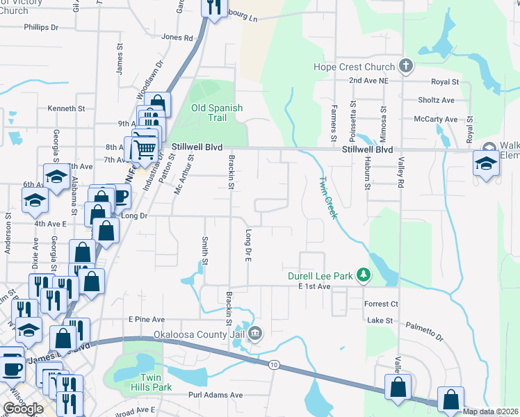 map of restaurants, bars, coffee shops, grocery stores, and more near 456 Eisenhower Drive in Crestview