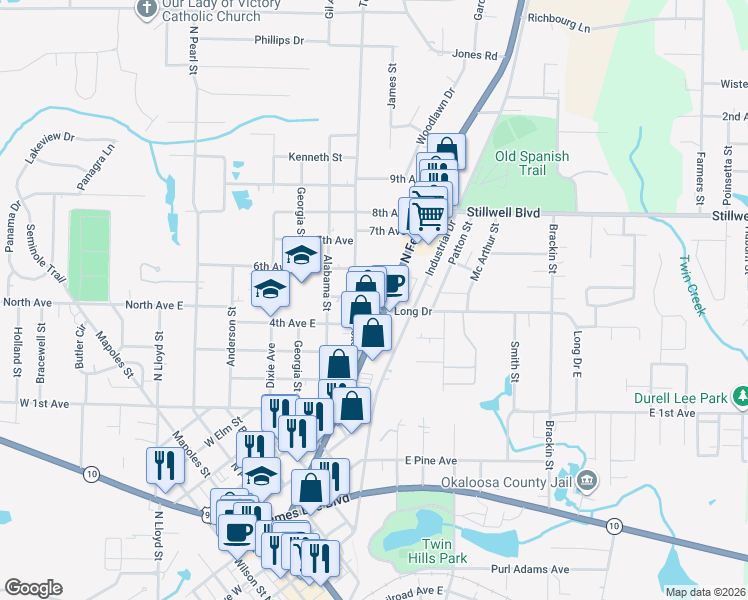 map of restaurants, bars, coffee shops, grocery stores, and more near 101 Long Drive in Crestview