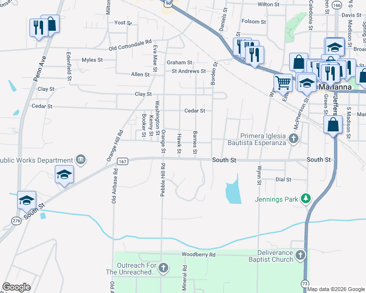 map of restaurants, bars, coffee shops, grocery stores, and more near 700-2810 Hawk Street in Marianna