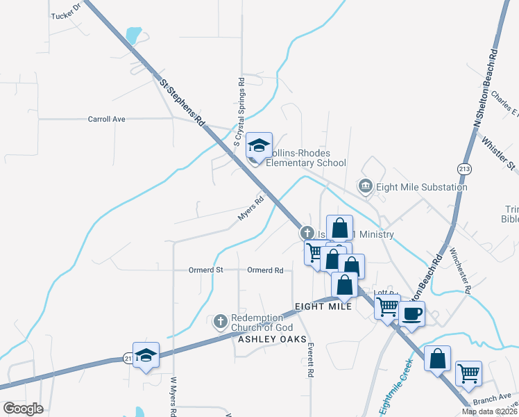 map of restaurants, bars, coffee shops, grocery stores, and more near 1631 Myers Road in Prichard